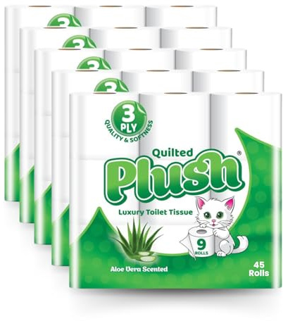 Plush Classic Unscented & Aloe Vera Quilted Toilet Tissue 45 Rolls – Luxuriously Soft, Strong & Absorbent 3-Ply Toilet Paper – Gentle on Skin, Bulk Pack, White (Green (Aloe Vera))