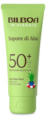 Bilboa In Viaggio, Sapore di Aloe Crema Solare SPF 50+, Con Aloe Vera, Musica per Pelli Sensibili, Resistente all'Acqua, Dermatologicamente testata, 75 ml