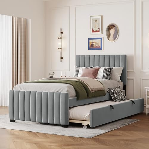 A ALFRESCOOL Cama tapizada de 90 x 190 cm con cama nido, cama individual plana en tela de terciopelo agradable a la piel (gris)