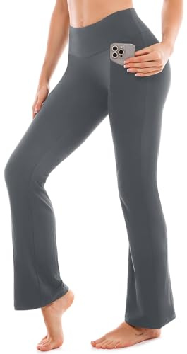 SINOPHANT Yogabyxor, dam, utsvängda sportbyxor, slagbyxor, hög midja med fickor, fritid, joggingbyxor, bootcut, jazzbyxor, 96 cm grå, XL
