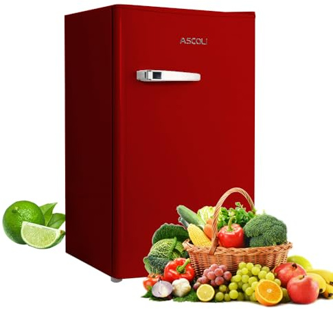 ASCOLI Retro Fridge 85L, Compact Refrigerator, Under Counter Fridge, Direct Cooling, Super Quiet, Adjustable Racks, Metal Handle, Mechanical Control, Led Light