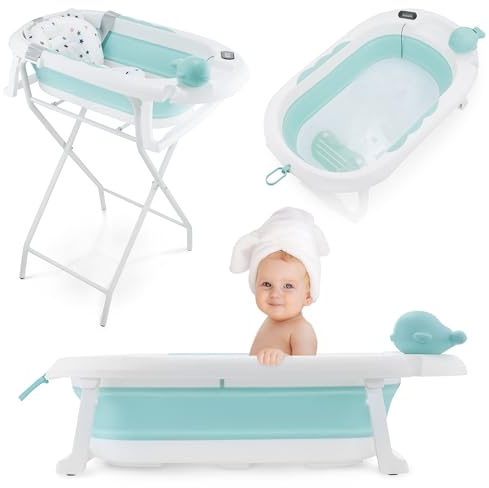 Moby-System Bañera Bebé Plegable con Termómetro LCD Incluye Inserto Soporte Alto y Bajo Vasito de Ballena – Compacta y Segura desde Recién Nacido – Menta