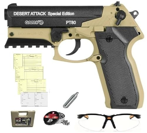 Pistola Gamo PT-80 Desert Attack, CO₂ 12 g, 4.5 mm. Incluye Tarjeta DE Armas, Maletín, Balines, Cargadores, Bombona y Gafas Protectoras