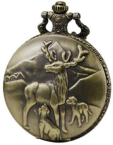 MORFONG Herren Damen Taschenuhr Analog Quarzwerk mit Kette Hirsch REH Bronze