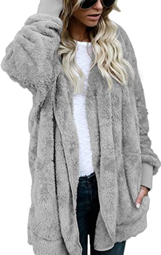 Walant Femmes Manteau Cardigan à Capuche en Peluche Manches Longues Couleur Unie Blouson Veste Outwear Casual Chaud Automne Hiver Parka Hoodie, Gris Clair, XL
