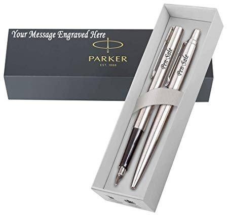 Personalised Engraved Parker Jotter Steel Pen & Fountain Pen Plus Black ink Cartridge, Fountain Pen or Set, Plus Option of Box Engraving - Enter Your Custom Text
