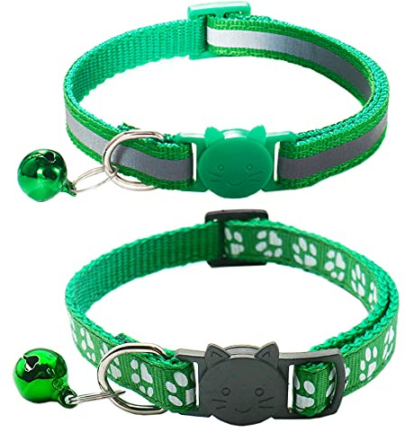 Qinao 2Pack Cat Collars Quick Release Reflective Kitten Collar with Bell & Safety Release (Grass Green)