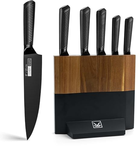 CFORM Kitchen Knife Set with Block, 6 PCS High Carbon Professional Stainless Steel Sets Chef, Bread, Slicer, Utility, Paring Non-Slip Frosted Handle, Block Knives