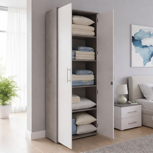 Dmora Armadio Multiuso 2 Ante Tirreno 79x34h cm Bianco 4 Ripiani Apertura Battente, 2 Ante
