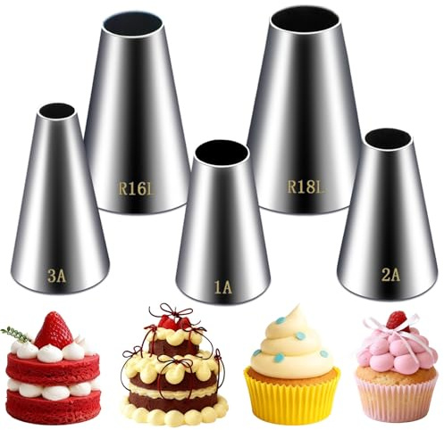 Hendiy 5 Pieces Large Round Piping Tip, Stainless Steel Piping Tips Professional Cake Decorating Tips Set, Frosting Tip Cake Icing Tools for Cupcakes Cakes Cookies