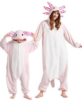 DarkCom Axolotl Onesie for Kids,Flannel AnimalCosplay Halloween Costume Parent-Child Sleepwear for Girls Boys 8-9 Years Pink