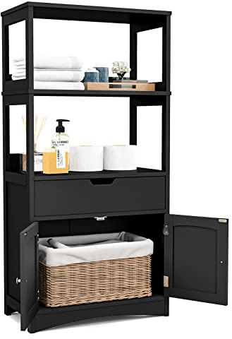 GIANTEX Armario de Baño con Cajón, Armario Alto con 2 Estantes Abiertos, Estante Multiuso para Microondas, 60x32,5x122cm (Negro)