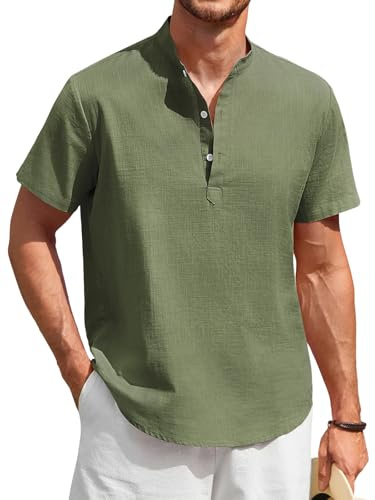Enlision Camisa Lino Hombre Manga Corta Verano Camisas Casual para Hombres Cuello Mao Ibicenca Camiseta con Botones Algodón Color Sólido Ropa S-4XL