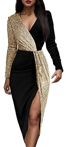 Fulidngzg Glitzer Kleid Langarm Damen Party Abendkleider Pailettenkleider Vintage Pailletten Glitzerkleid Silvesterkleid Schöne Winter Partykleid Cocktailkleid Schick Wedding Damenkleid Brautkleider