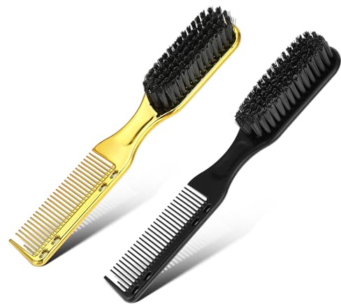 Amaxiu Lot de 2 brosses de nettoyage pour barbier avec peignes de barbier, peignes à dessus plat, brosse de barbier, brosse de coiffure, accessoires de barbier (doré + noir)