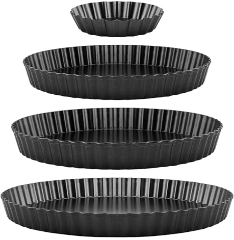 CHUIFAI 4 stampi per torte con fondo sollevatore, 10/22/26/30 cm, rotondi, antiaderenti, stampi con bordo scanalato per quiche, colore nero, quiche