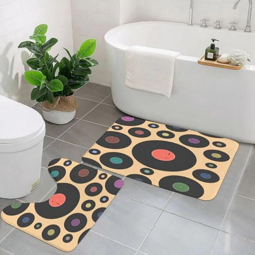 AELKSP Tappeti Bagno 2 Pezzi,Set Tappetino da Bagno,Tappeto da Bagno Antiscivolo Tappetino Bagno Lavabili in Lavatrice,Disco retrò in vinile colorato per DJ, motivo fonografico vintage, registrazione