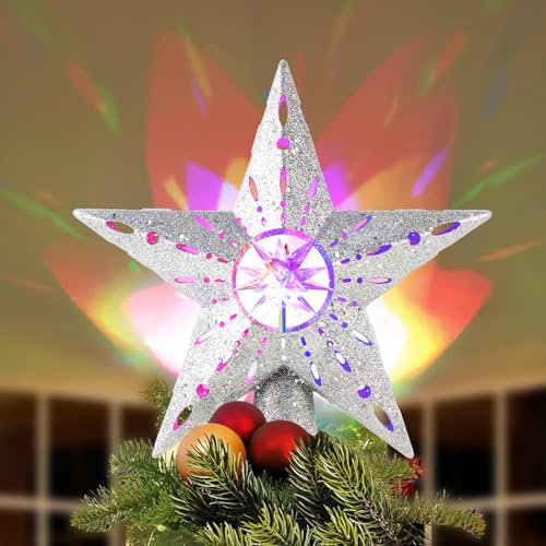 TEPENAR Weihnachtsbaumspitze Stern - Christbaumspitze mit eingebauten LED drehenden Lichtern und Scroll Design, 3D Glitzer-Dynamik-Projektion für Weihnachtsbaumdeko, Schlafzimmerdeko -Silber