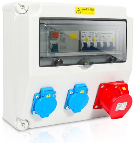 Fiqops Répartiteur de courant de chantier 16 A, distributeur de courant 2 x 16 A, 230 V + 1 x 16 A, 400 V CEE 5 broches, distributeur mural avec couvercles rabattables de sécurité et câble, IP44 pour