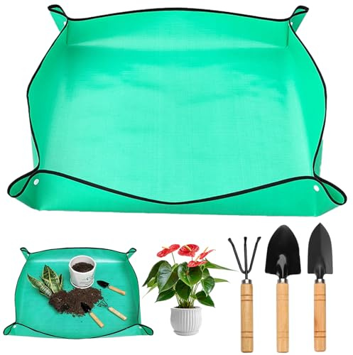 VEGCOO Pflanzmatte 100x100, Gartenmatte wasserdichte Pflanzen-Umtopfmatte Tragbar Pflanzunterlage Umtopfmatte, Pflanzenmatte mit Bodenlockerungswerkzeug für Umpflanzung Baumschule (B)