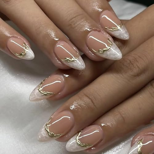 Auiremrti 24 pezzi unghie finte French tip bianche, corte mandorla con design, 3D oro French line, unghie artificiali, copertura completa lucida
