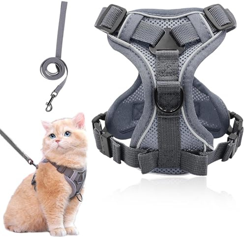 YUBBYSTU Set di pettorina e guinzaglio per gatti, regolabile, con striscia riflettente in rete traspirante, a prova di fuga, morbido gilet di sicurezza per animali domestici, grigio scuro