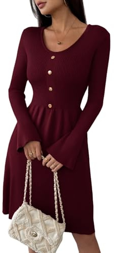 Zeagoo Robe en tricot pour femme, manches longues, robe d'automne, col en V, robe pull élégante, robe d'hiver uni, robe droite en A, robe midi avec manches évasées, rouge bordeaux, XL