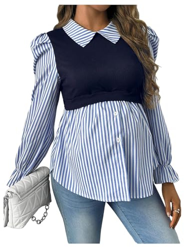 WDIRARA Women's Maternity Striped Button Down Shirts Long Sleeve Collared Blouse 2 in 1 Nursing Top Blue and White Large