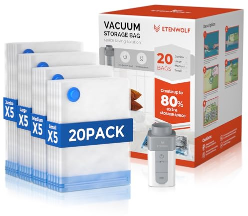 ETENWOLF 20 Pack Vacuum Storage Bags with Rechargeable Wireless Pump, Vacuum Seal Bags for Clothes and Travel, Space Saver Bags in Multiple Carry-On Sizes, Perfect for Luggage and Suitcases