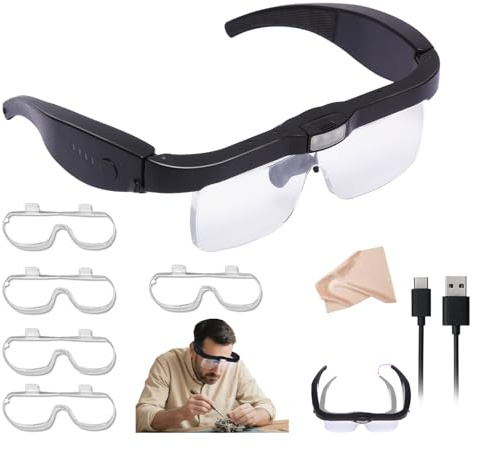 Professional Magnifying Glasses Headset with 5 Detachable Lenses 0.75X-4.0X & 3 LED Lights, Rechargeable Hands-Free Headband Magnifier for Close Work, Jewelry Crafts Hobby