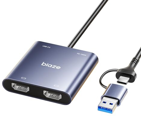 Biaze Dual HDMI Adapter, USB C & USB 3.0 to Dual HDMI 60Hz Hub with 100W PD Charging, 2 Monitor Extended Display Adapter for MacBook M1/M2/M3, Windows Laptops, iPad Pro, Chromebook