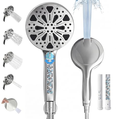 High Pressure Handheld Shower Head, 5 Large 10-Mode Filtered Showerhead with 59 Stainless Steel Hose, Hard Water Filter, Detachable Sprayer for Bath