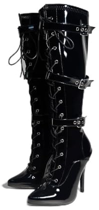 Women's High Heel Knee High Boots Lace Up Stiletto with 3 Buckles & Side Zip Edgy Punk Gothic Style Sexy Footwear UK 3-12 (Black, 10, UK Footwear Size System, Adult, Women, Numeric, Medium, 10)