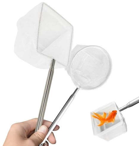 Set di 2 Retini per Acquario con Manico Telescopico in Acciaio Inossidabile, Forma Rotonda e Quadrata, Lunghezza Regolabile fino a 39 cm, Maglia Fine in Nylon, per Pesca e Pulizia