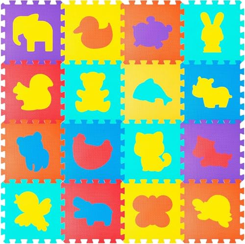 Tappeto puzzle per bambini, 120 x 120 cm, 16 pezzi in schiuma EVA, tappetino da gioco educativo con animali, antiscivolo e impermeabile, sicuro, non tossico per bambini da 10 mesi, per asilo e casa