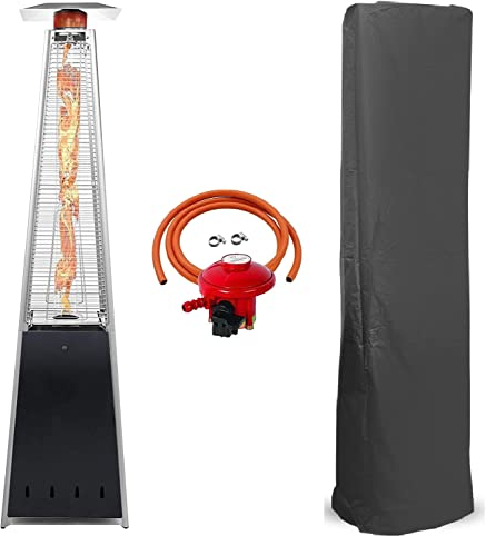 BU-KO Calentador Patio a Gas para Exterior | Jardín, Terraza, Barbacoa | Estufa Piramidal al Propano - 13kw | Ruedas, Regulador y Manguera | Chimenea Acero Inoxidable para LPG & Cubierta Impermeable