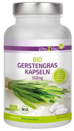 Vita2You Bio Gerstengras Kapseln - 360 Kapseln - 3000mg Tagesdosis - 500mg pro Kapsel - Gerstengras aus deutschem Anbau - Ohne Zusätze - Hochdosiert - ökologischer Anbau - Premium Qualität