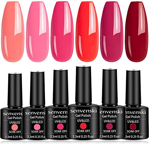 Senvenski Rose Vernis Semi Permanent, Vernis à Ongles Gel Rose Pêche Rouge Cerise Couleur Cadeau UV LED Art Kit pour French Manucure (CS6-013)