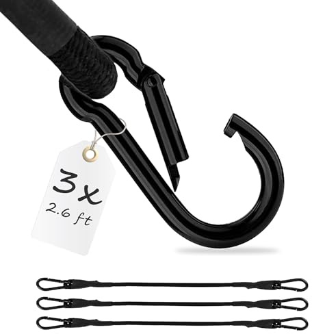 ECENCE 3 Pezzi Corda elastica con moschettone della lunghezza di 80cm, di colore Nero Cinghia elastica, Tenditore per bagagli, estensore, corda di tensione per biciclette