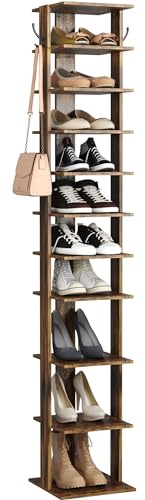 HOME BI 11-Tier Vertical Shoe Rack, Corner Shoe Tower, Slim Shoe Organizer with Two Hanging Hooks, Wooden Shoe Storage Stand for Entryway, Hallway, Closet, Rustic Brown