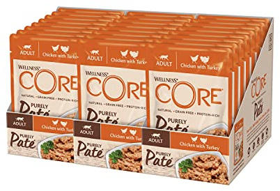 Wellness CORE Purely Paté kyckling & kalkon, paté för katter, kattmat våt med hög kötthalt, spannmålsfri, 24 x 85 g, märket är Wellness CORE.