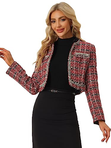Allegra K Tweed Plaid Jacket for Women's Dressy Casual Button Decor Open Front Christmas Vintage Cropped Blazer Medium Red
