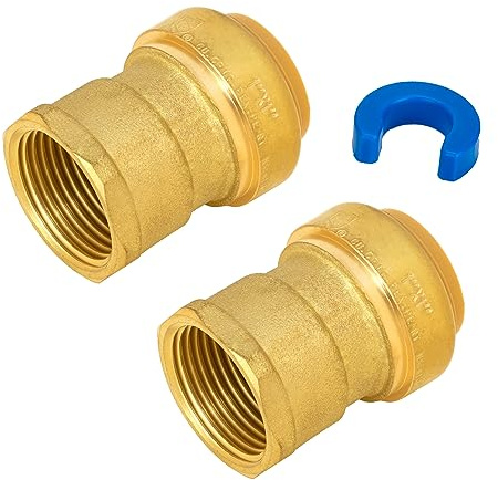SUNGATOR Pushfit Female Adapter, 1 Inch Push x 1 Inch FNPT Adapter, No Lead Brass Push to Connect Plumbing Fitting to Work with Pex, Copper, CPVC, with 1 Disconnect Clip, Pack of 2