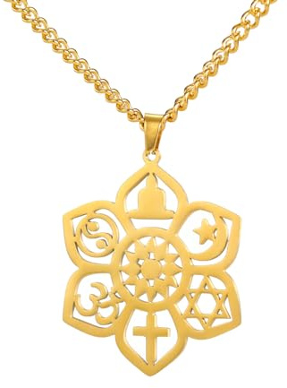 VASSAGO Coexist Collier avec pendentif fleur de lotus Om Croix étoile lune étoile de David Yin Yang Yoga Collier pour femme homme religieux bijoux spirituels cadeau, Acier inoxydable