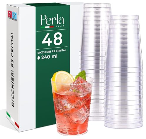 Perla - 48 Bicchieri in Plastica Rigida Riutilizzabile - Set Bicchieri 240ml Trasparente - Resistenti e Riciclabili - Bicchiere per Acqua, Vino, Drink - Made in Italy