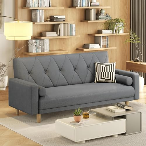 Yaheetech Convertible Sofa Bed Fabric Sofa Couch Click Clack Modern Sleeper Sofa Settee with 2 Bolster Pillows for Living Room/Guest Room Dark Grey