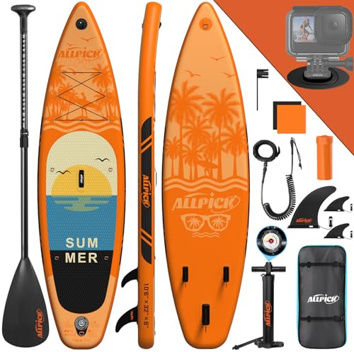 ALLPICK Sup Gonfiabile, Stand Up Paddle Board Gonfiabile, con Supporto Universale per Fotocamera, Accessori Completi, Tavola da Sup Surf, Principianti e Avanzati 200kg (Vitalità - Arancione)