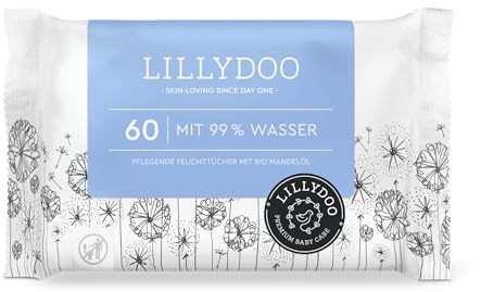 Toallitas húmedas para bebés LILLYDOO con un 99% de agua, 60 unidades, 100% libres de plástico sin perfumes y tan suave como el algodón y el agua