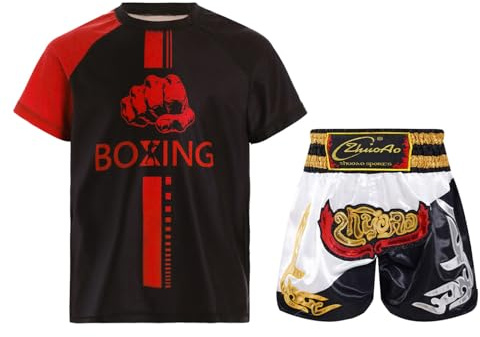 Runhomal Enfant Garçons Short de Boxe MMA Kickboxing Combat Arts Martiaux Entraînement Compétition Ensemble de Sport 5-16 Ans Rouge Blanc Noir 5-6 Ans