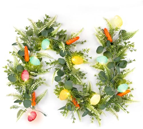 N&T NIETING Easter Garland for Spring Decoration 6FT Easter Artificial Garlands with 10 Glowing Easter Eggs & 6 Carrots, Fern Wreath Vine for Home Kitchen Fireplace Indoor Outdoor Holiday Party